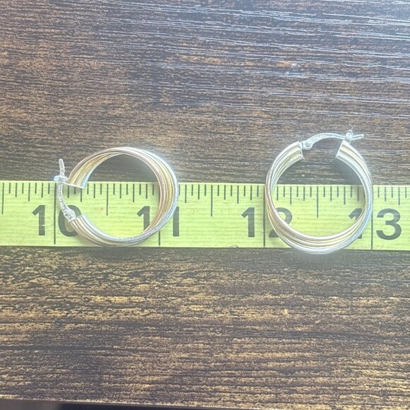VTG Sterling Silver 925 Tri Tone Triple Hoop Earrings Hinged Post 1.25" Diameter - Picture 8 of 9